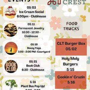 Happy May! Here is our happenings for Holly Crest this month 😁. 

#thisisnwrliving #hollycrest #huntersvillenc #luxuryapartments